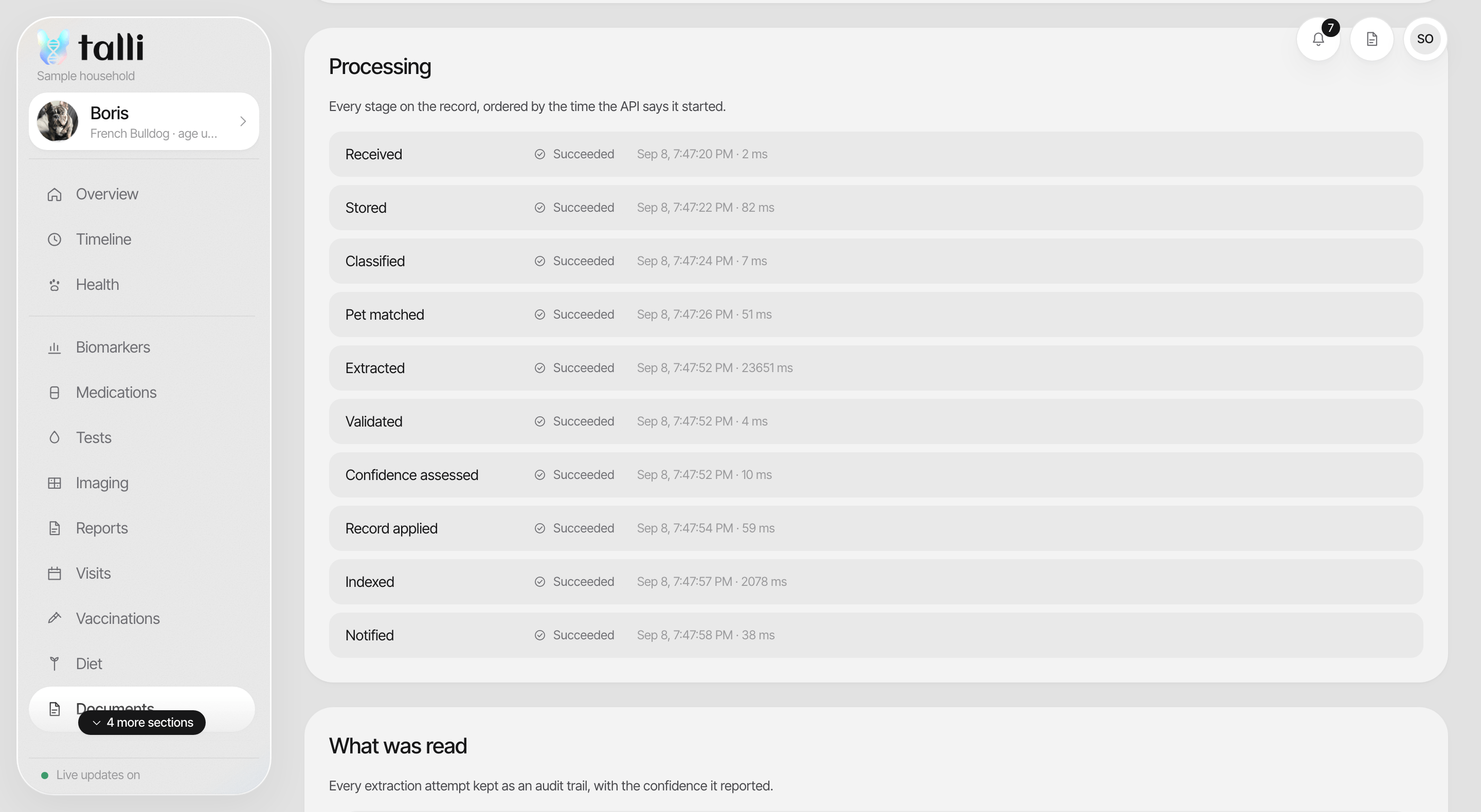 The document page in Talli showing the Processing list: ten named stages, each marked succeeded with the time it started and how long it took.