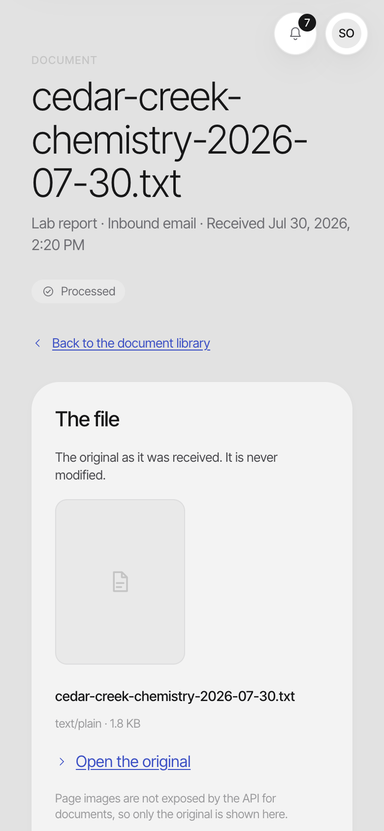 The document page in Talli for a lab report, marked Processed, with the original file listed and a link to open it.