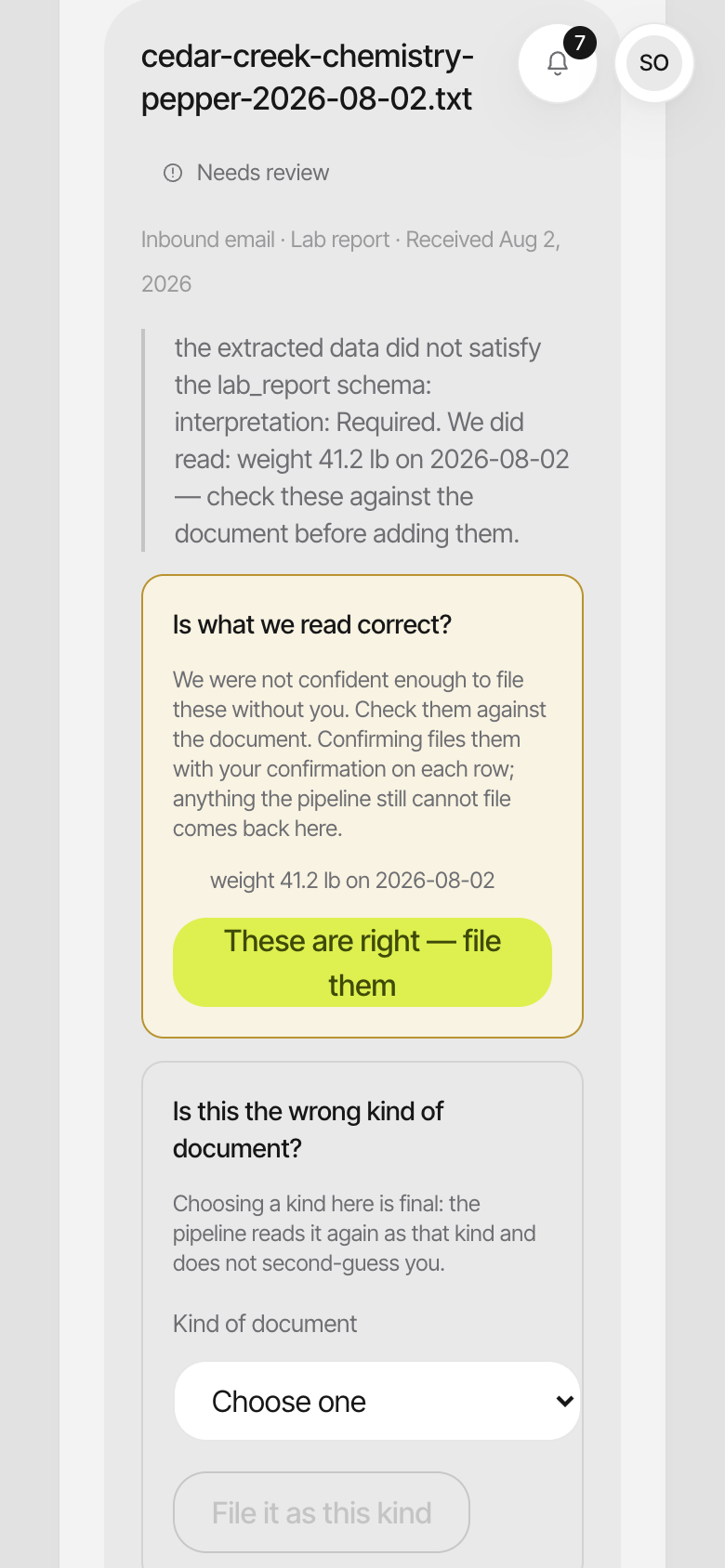The review queue in Talli: a lab report marked Needs review, the reason it was held, the value that was read from it and the buttons to confirm or correct it.