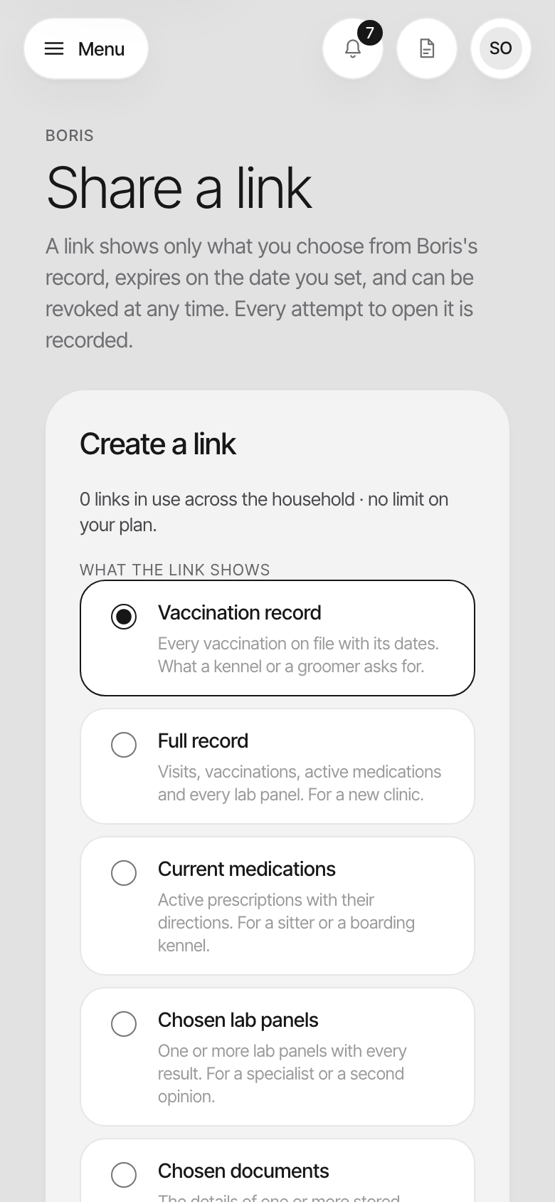 The share screen in Talli, where you choose what a link shows, from a vaccination record to chosen documents, and how long it lasts.